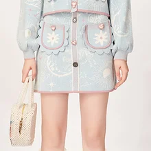 Kawaii harajuku mulheres de malha mini saia 2021 outono inverno bonito cintura alta bolsos único breasted uma linha camisola saia roupas