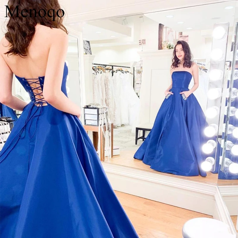 

Menoqo Blue Strapless A Line Prom Dresses Sleeveless Backless Formal Floor Length Satin Evening Party Gowns with Pocket P24AU1