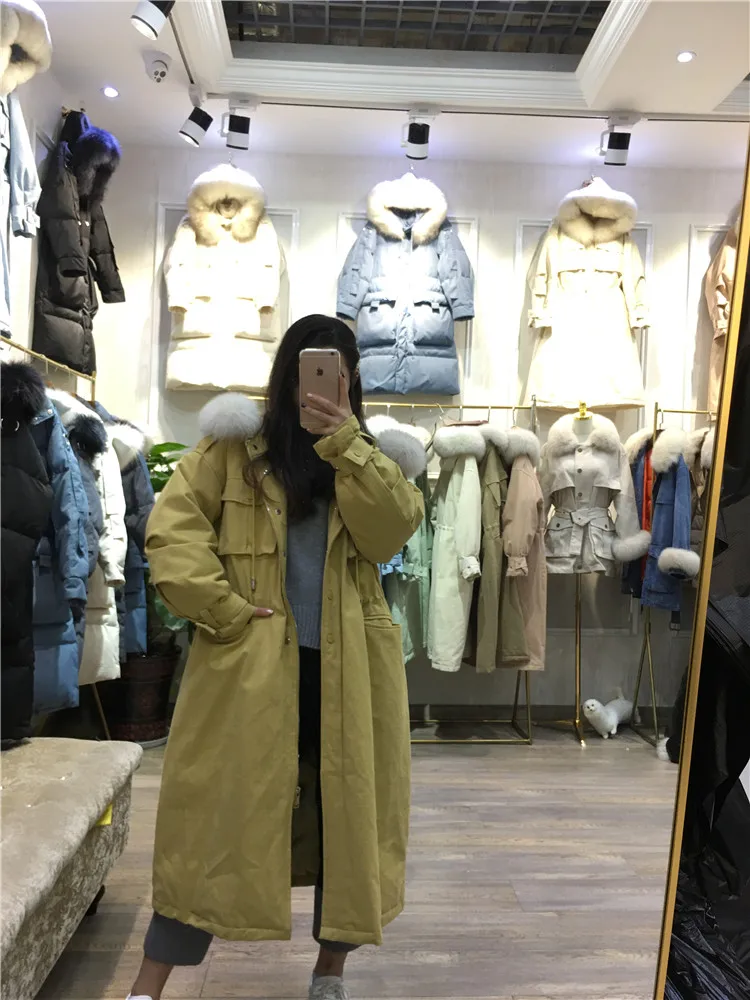 Зимний стиль Dongdaemun пуховик выше колена с большим меховым воротником женский толстый длинный корейский стиль свободный и большой размер