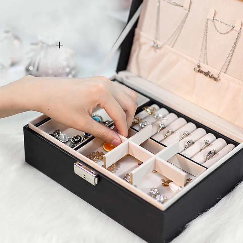 Details about   Double Layer Jewelry Necklace Earrings Storage Box Case PU Leather Lock Handle 