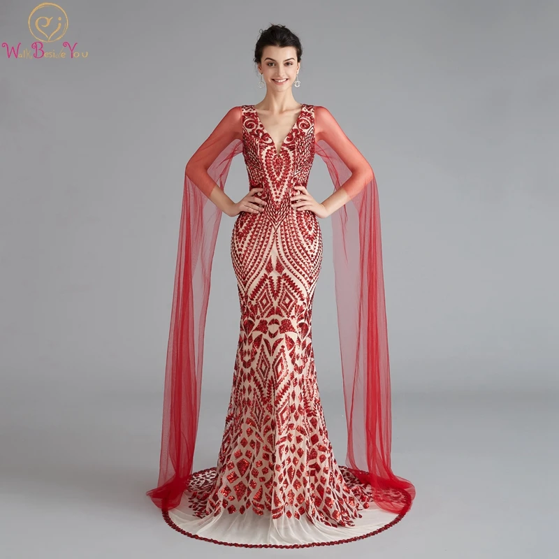 

Red Mermaid Evening Dresses Sexy V-Neck Luxuriuous Sequined Lace Long Prom Formal Party Gowns Illusion Back vestidos de festa
