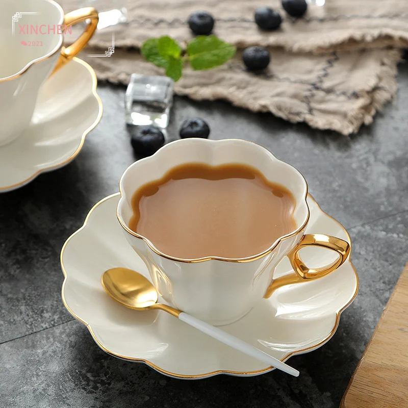 

Ceramic Elegant Flower Bone China Coffee Cup with Saucer Set White Porcelain Phnom Penh Office Teacup Home Cafe Espresso Cup