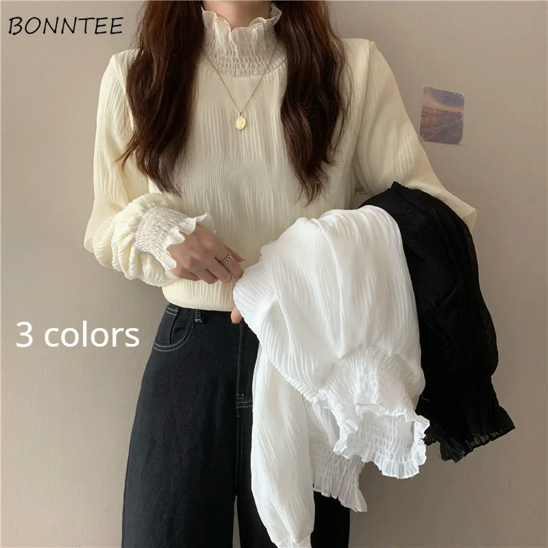 Blusa de chifón de terciopelo con cuello alto para Primavera, camisa femenina de estilo veraniego, a la moda universitaria, combina con todo, Amuleto informal puro