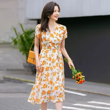 

Korean Fashion Clothes Women Dresses Midi Yellow Rose Floral Print French Tea Dress ins style Elegant Lady Female Robe Vestidos
