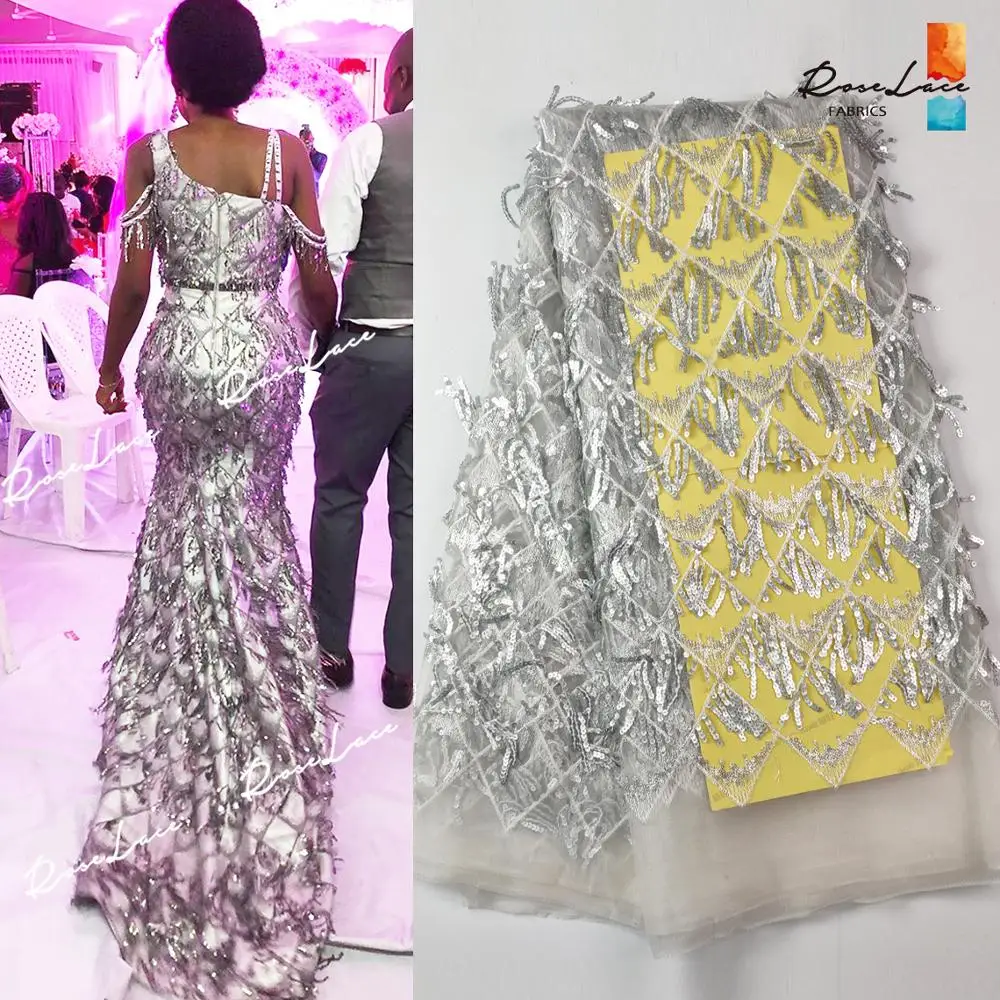 

Silver Tassel Sequins Mesh Tulle Lace Fabric 2019 High Quality African French Net Lace Wedding Bride Prom Dress Sequins Material