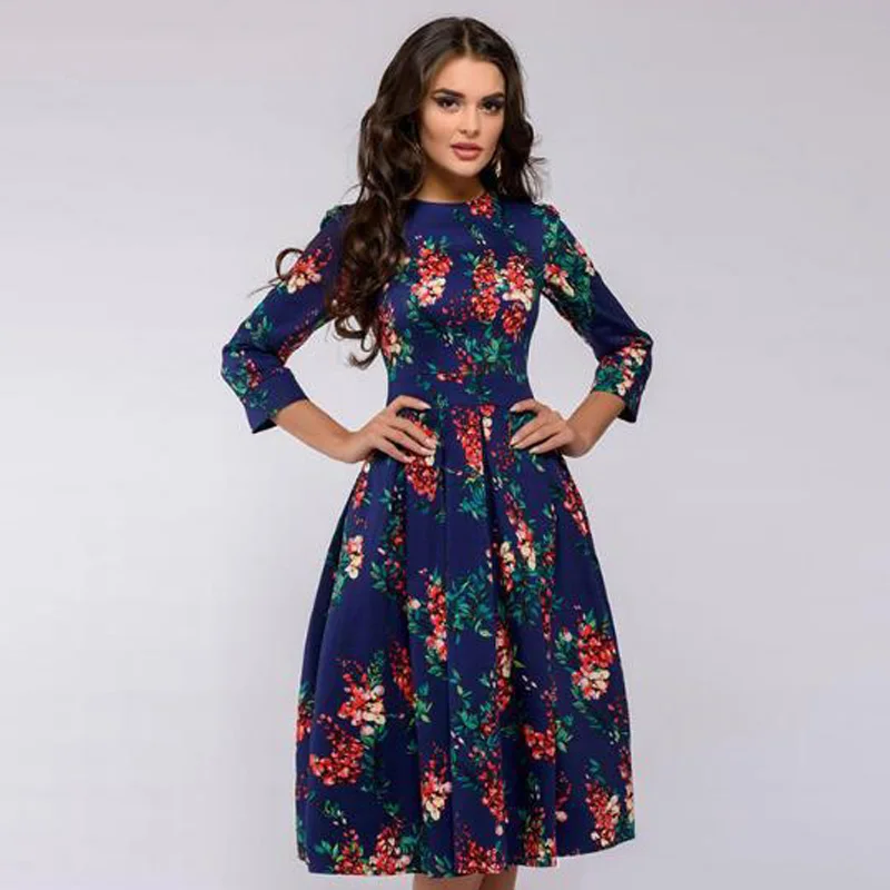 

2019 Autumn Vintage Floral A-line Dress Half Sleeve Ladies OL Casual Streetwear Knee-Length Dress Plus Size 2xl