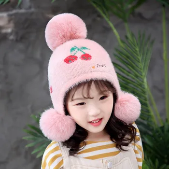 

Baby hats 2019 autumn and winter new cartoon fruit children plush three ball knit hat 2-4 years old baby Korean warm hat beanies