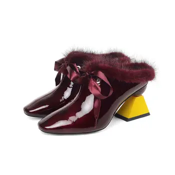 

Fashion Women Slipper Patent Leather Pointed Toe Outdoor Designer Mules Shoes Ladies Strange Heel Size 33-43