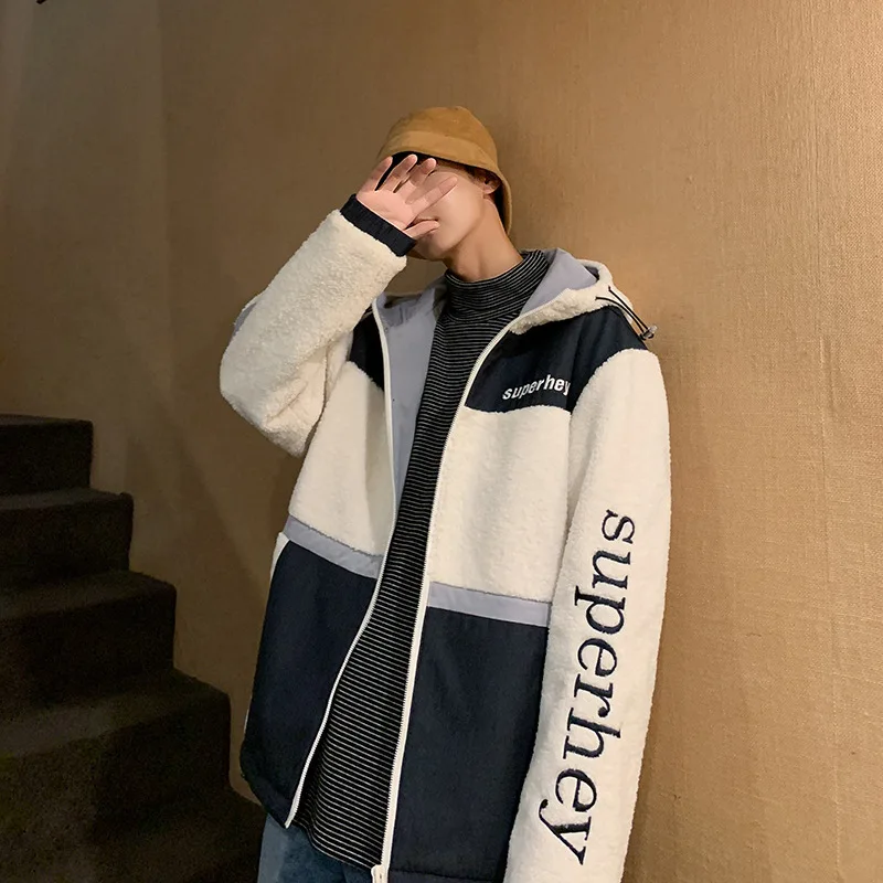 men's wear new ins trend in autumn and winter 2019 hooded men's jacket color splicing lamb wool coat man jean jacket men jackets