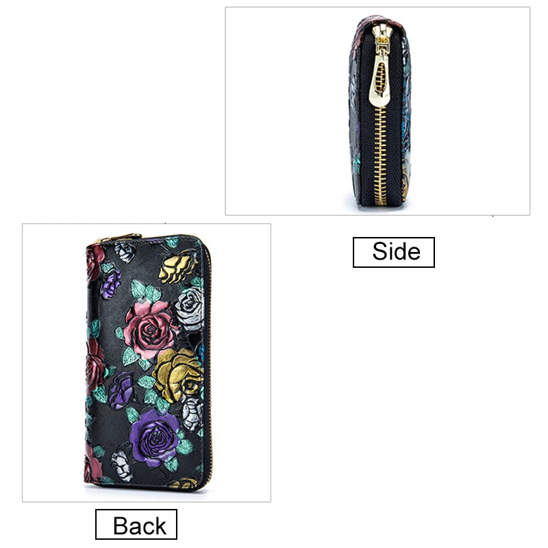 RFID женский кошелек из натуральной кожи с принтом розы, Длинный кошелек на молнии для монет, сумка для телефона с несколькими слотами, держатель для ID, клатч