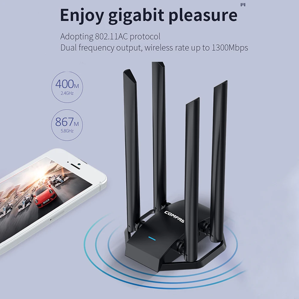 COMFAST CF-WU785AC 1300Mbps WiFi Adapter 2.4+5.8GHz Dual Band Network Card Micro USB 3.0 Wireless Receiver with 4 Antennas