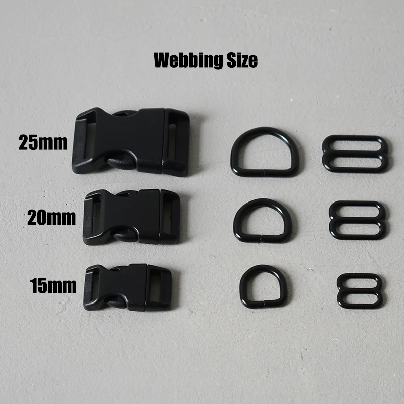 1 комплект, 15 мм, 20 мм, 25 мм, пластиковая пряжка, металлический регулятор, ползунок, d-образные кольца для DIY, сумки, собаки, питомца, ошейник, ожерелье, Швейные аксессуары - Цвет: Black