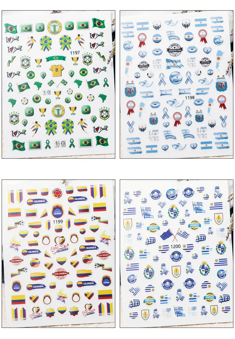Fashion Adhesive World Cup Football Nail Decal Brazil Argentina Flag Nail Art Sticker 3D Manicure Decoration Accessories7.8x10cm