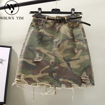 

2020 New Camouflage Denim Short Skirt Women Summer Fashion Hole High waist Jean Skirt Female Loose Plus size Casual Mini Skirts