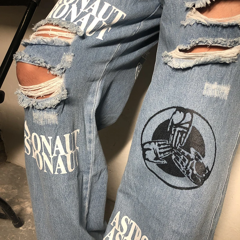 Hip Hop Ripped Jeans for Men Vintage Distressed Wash Hole Jeans Trousers Blue Letter Print Straight 5