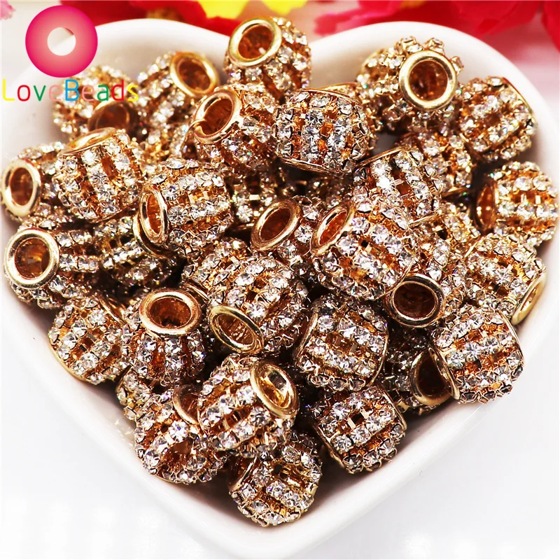 10Pcs Gold Color Crystal Rhinestone Round Rondelle Spacer Beads Charms Fit Pandora Bracelet Keychain Pendants DIY Chain Jewelry