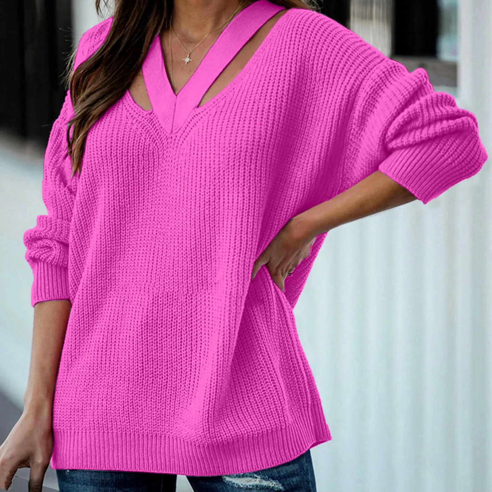 Knitted Pullover Winter Warm Clothes Fashion Womens Long Sleeve Cold Shoulder Sweaters Halter Neck Backless Loose Sweater Tops 2