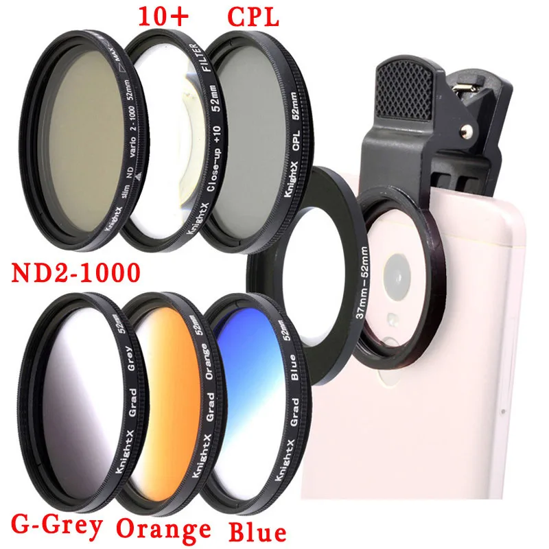 mobile phone lens kit KnightX 52MM Photography Camera  lens filter macro ND2-1000 variable Neutral Density Adjustable for any smartphone mobile phone wide lens for mobile Lenses