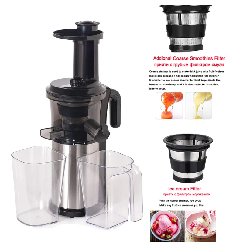BPA FREE, 200 Вт, 40 об/мин, мастицирующая медленная соковыжималка, низкоскоростная шнековая соковыжималка для фруктов, овощей, холодного отжима, соковыжималка для фруктов из нержавеющей стали - Цвет: With 3 strainers