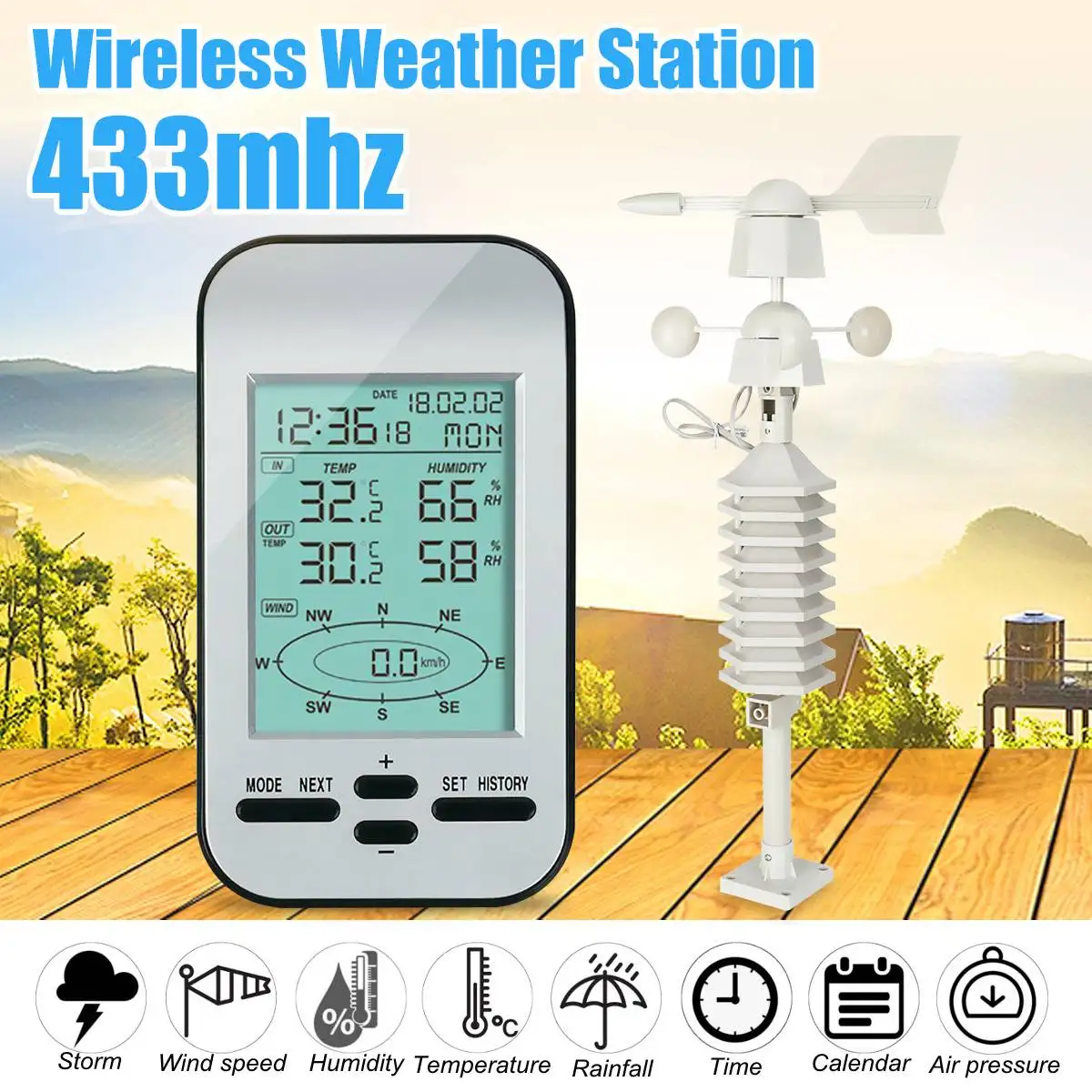 

Professional RF 433MHz Wireless Weather Station Clock With Wind Speed and Direction Sensor Transmission Range Up to 100 Meters