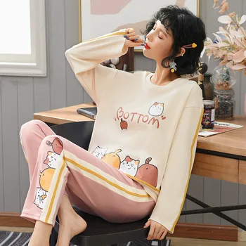 

Pink Cartoon Women Pajamas Set Nightwear Soft Cotton 2PCS Sleepwear Spring Autumn Long Sleeve Home Clothes Casual Sleep Set