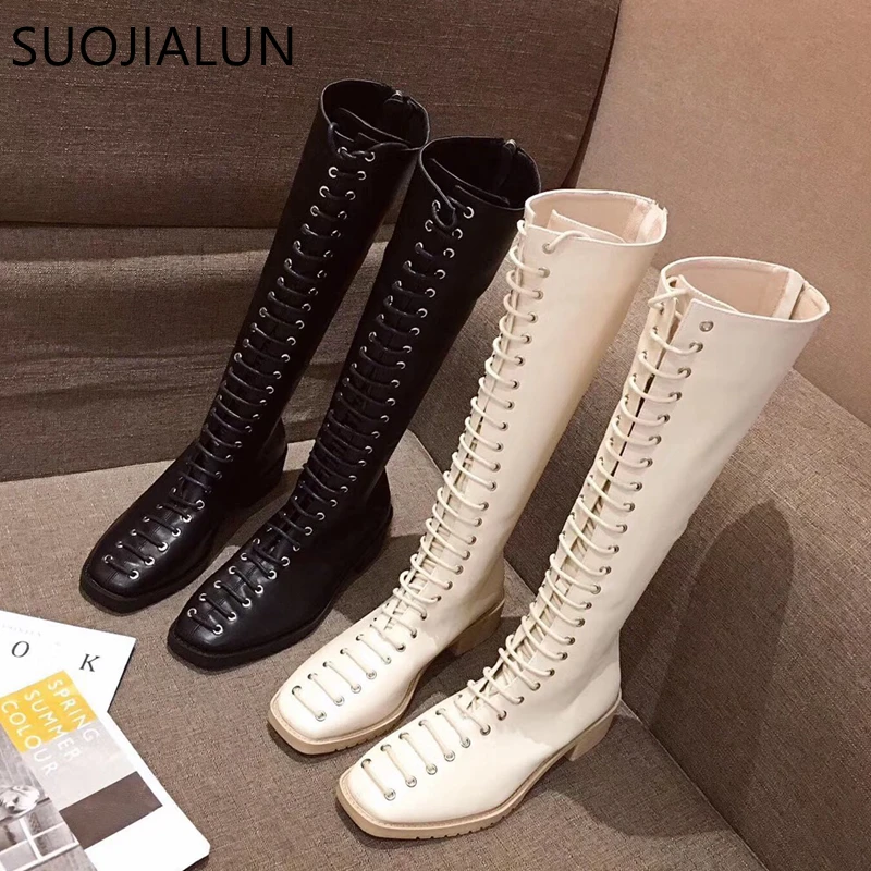 

SUOJIALUN 2019 New Sexy Ladies Black Boots Ladies Zip Knight Boots Female Winter Long Boot Flat Casual Women Zapatos De Mujer