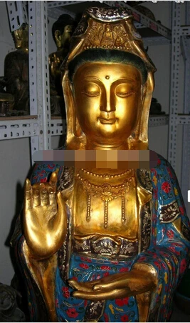 328++ 59 Тибетский народный Фан Бронза Медь cloisonne gild Kwan-Yin Guan Yin статуя Будды