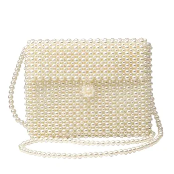 

NEW Party Vintage Imitation Pearl Handbag Hand-woven Shoulder Bag Women Beaded Mini Flap Cross Body Bag