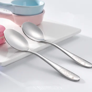 

2020 New Baby Stainless Steel Spoon Safety Kids Non Toxic Small Dinner Dessert Tongue Pressing Type Spoons Tableware