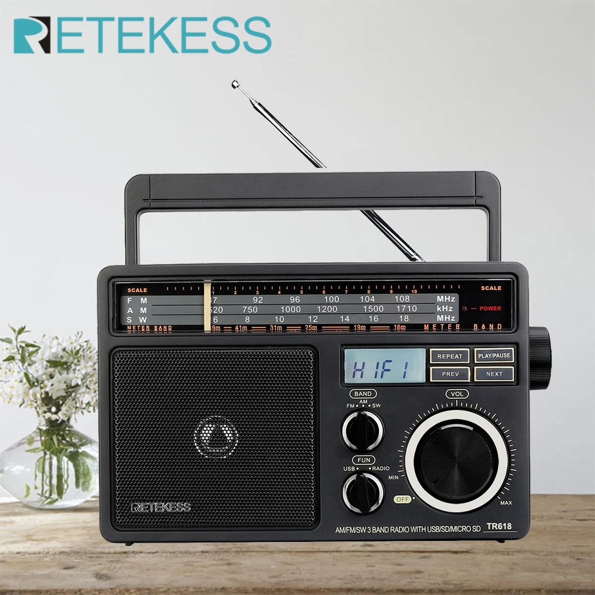 Retekess TR618 AM FM SW Portable Analog Radio with Digital MP3 Player Loud Volume Big Speaker Ideal for Home and Elderly