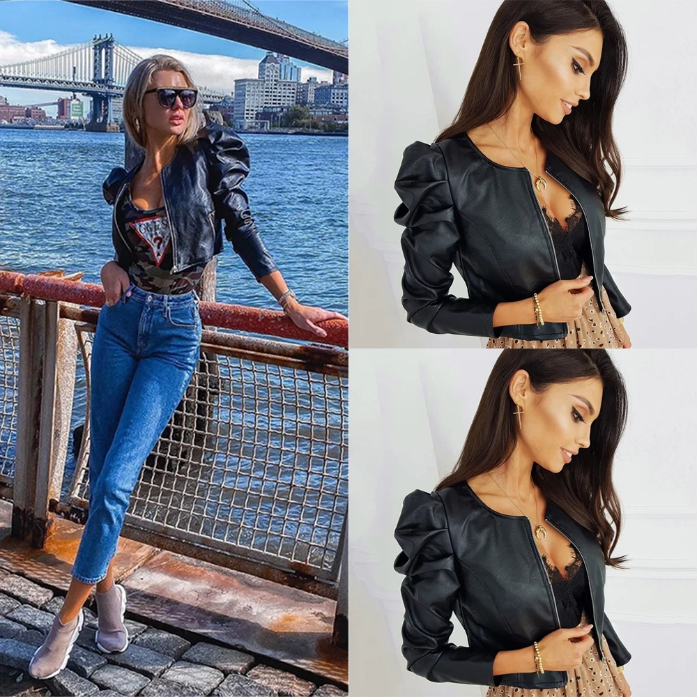 Женская кожаная куртка на молнии короткая однотонная Черная из искусственной