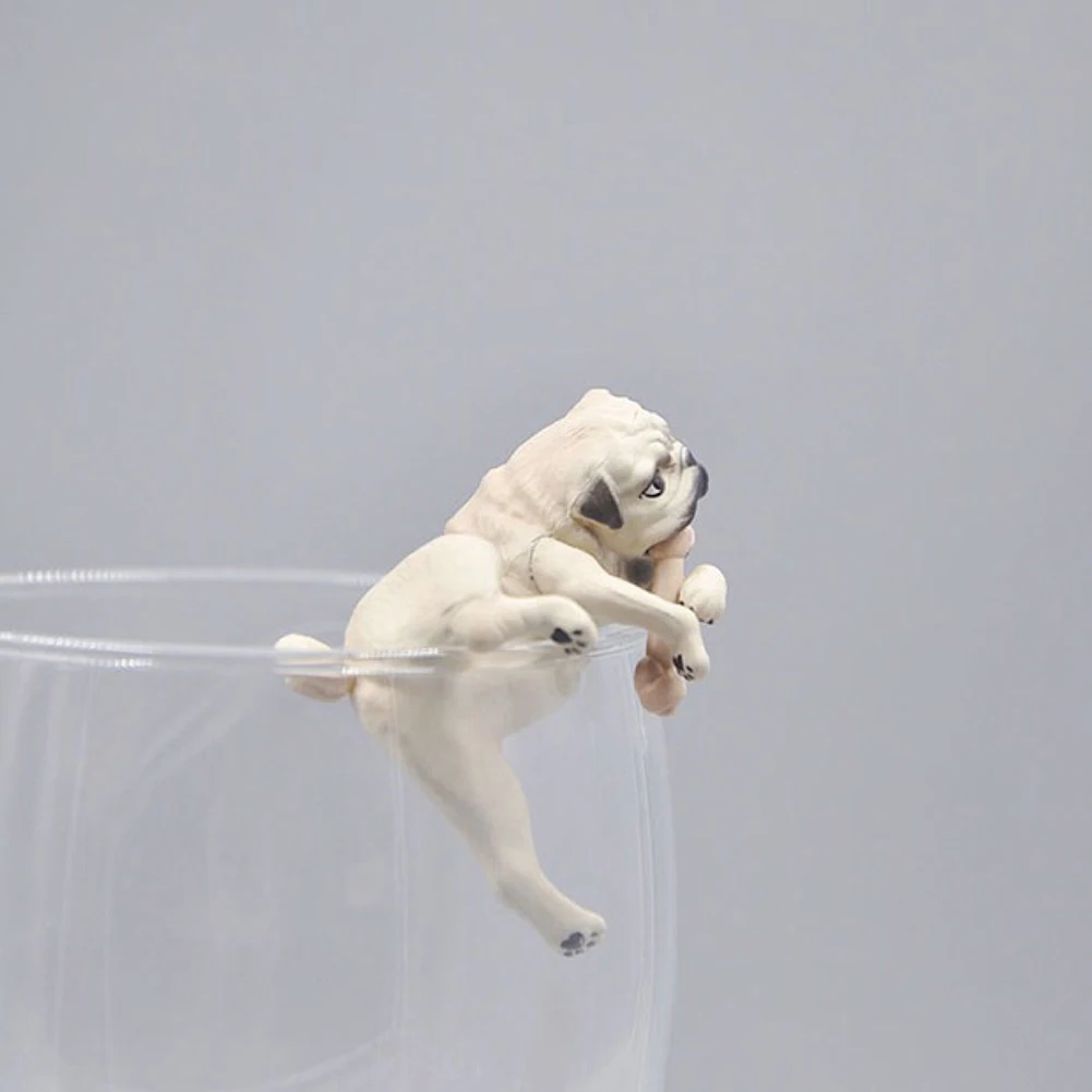 Realistic Mini Pug Dog Figurine Hanging Cup Rim DIY Fairy Garden Decoration