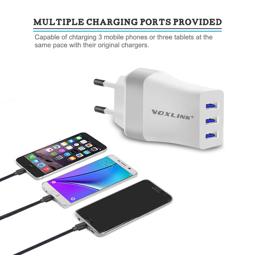 Дорожное настенное зарядное устройство VOXLINK 5V 2.4A 21W 3 USB для iPhone X XS XR 8 iPad samsung S8 S9 Galaxy htc Xiaomi Mi 8 LG huawei P30 Nexus