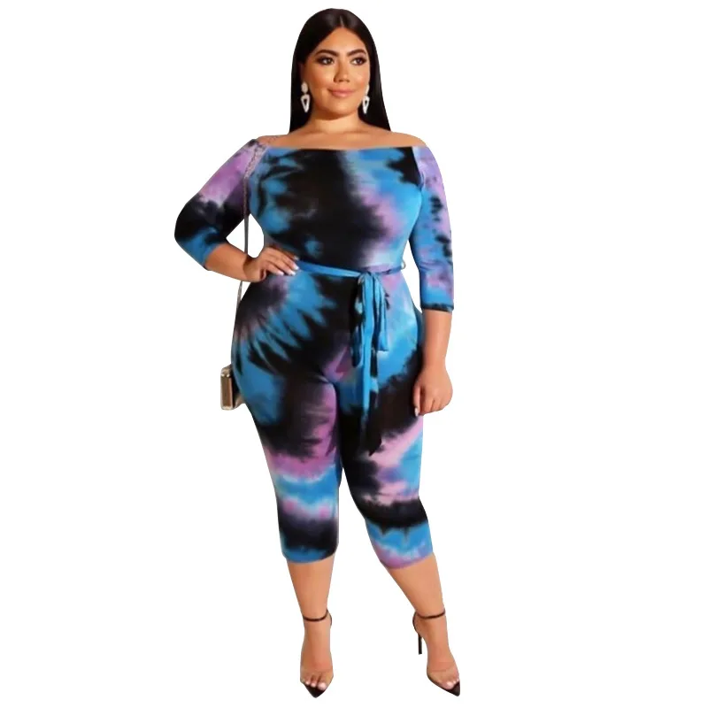 Облегающие комбинезоны до колена размера плюс с принтом Tie Dye, уличная одежда, женские комбинезоны с длинным рукавом и поясом SS19418G