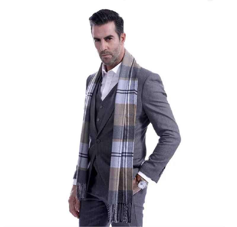 Новейшие Шарфы мужские модные серые клетчатые шарфы осень-зима мужские шерстяные вязанные классические мужские шарфы с кисточками - Цвет: A