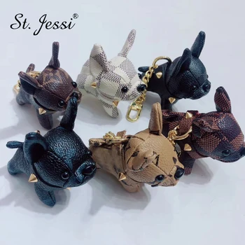 

French Bulldog Keychain PU Leather Animal Dog Keyring Holder Bag Charm Trinket Chaveiros Bag Accessories Punk Style Pendant