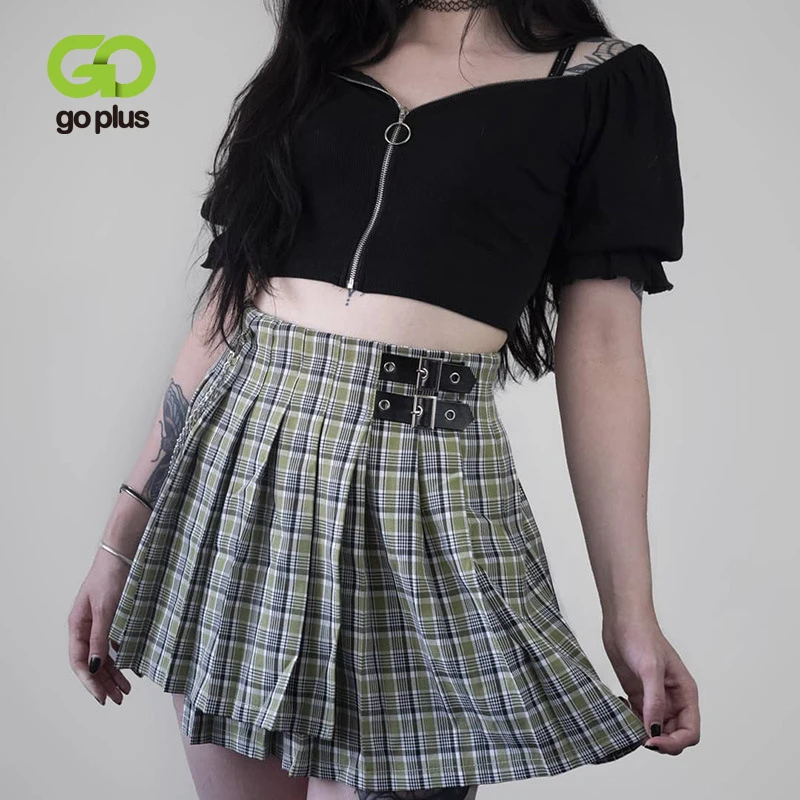 

GOPLUS Women's Skirts Plaid Pleated High Waist A-line Pleated Mini Skirts Womans With Chains Mujer Faldas Mujer Moda 2020