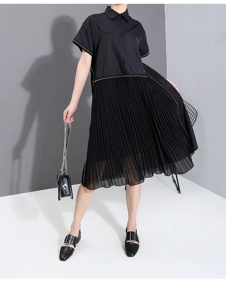 New Fashion Black Pleated Chiffon Hem Lapel Shirt Dress