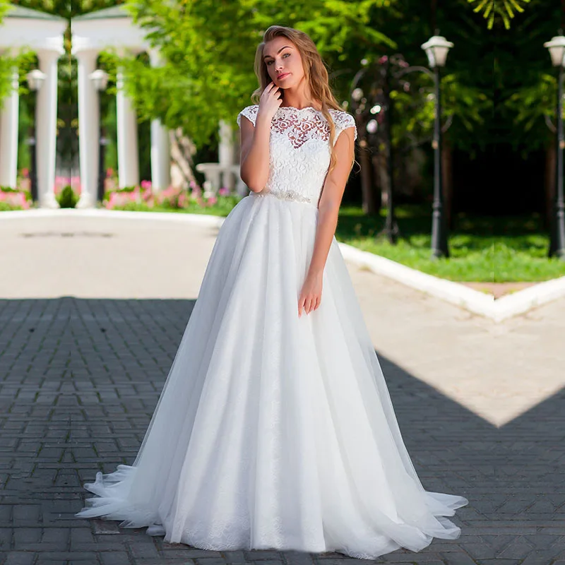 

Eightale Princess Wedding Dress Boho O-Neck Appliques Lace Cap Sleeves Lace Up Back A-Line Wedding Dress Backless Bridal Dress