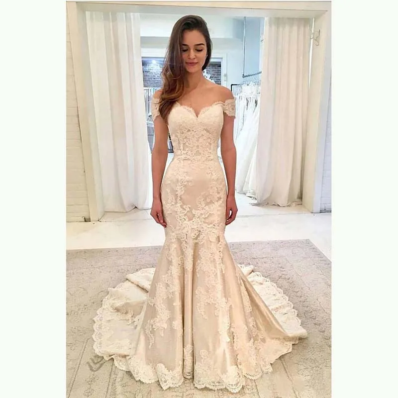 

Latest Exquisite Lace Mermaid Bridal Wedding Dresses Off Shoulder Sleeves Sweetheart Wedding Gowns for Bride Appliqued On Sale