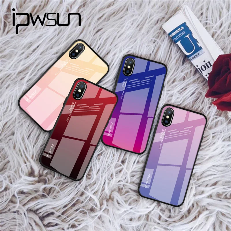 

iPWSOO Tempered Glass Case For iPhone 7 8 X 6 6S Plus Gradient Color Blue Ray Aurora Skin Back Cover For iPhone XS Max XR Case