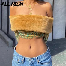 

ALLNeon 90s Aesthetics Sexy Off Shoulder Leopard Patchwork Crop Tops Y2K Vintage Streetwear Fake Fur Collar Long Sleeve T-shirts