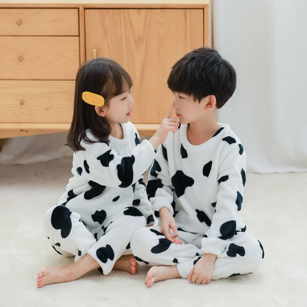 white cow Фланелевые детские пижамные комплекты; осенне-зимние пижамы для девочек; Коралловая бархатная одежда для сна; детская пижама с животными; Рождественская Одежда для мальчиков - Цвет: white cow