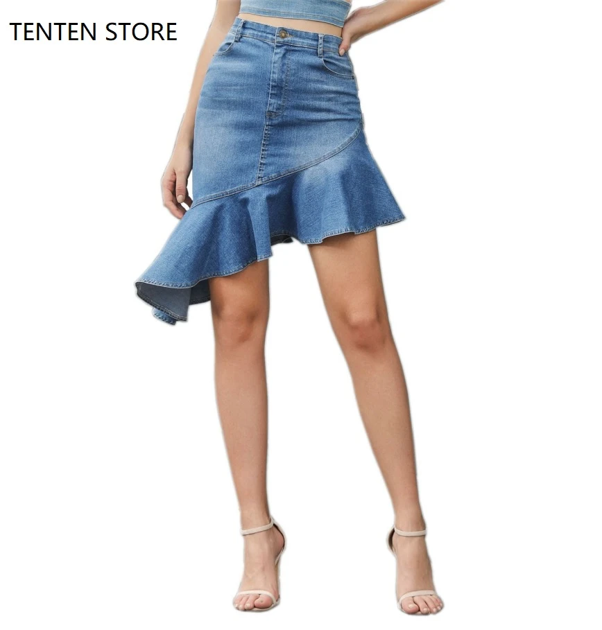 Faldas vaqueras moda para mujer, faldas cortas de cintura alta con volantes, corte en a, cola de pez irregular, vintage, sexy, bolsillos, sirena|Faldas| - AliExpress