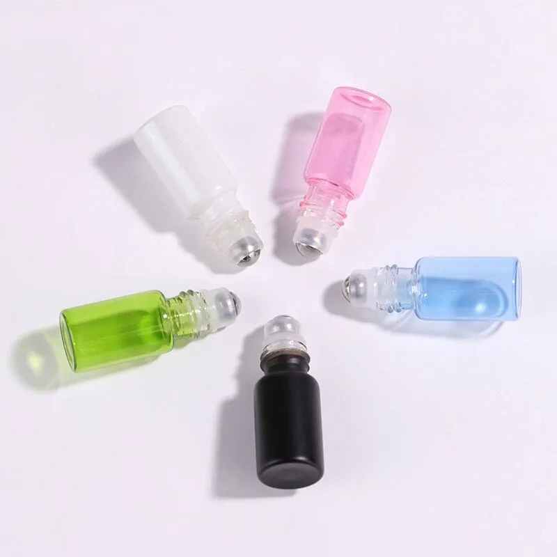 30pcs Black/White/Blue/Green/Pink 1/2/3ml Thick Glass Roll On Essential Oil Parfum Bottles Roller Ball Travel Use Necessaries 3