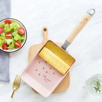 

Wooden Handle Home Kitchen Household Frying Flat Base Japanese Style Cooking Tool Omelette Pan Non Stick Pancake Tamagoyaki