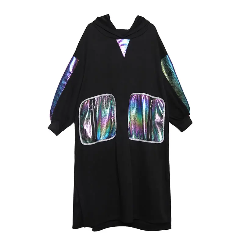 XITAO Tide Patchwork Bright Silk Pocket Dress Women Clothes Zipper Hooded Collar Full Sleeve Autumn and Winter New GCC2607 - Color: black   GCC2607