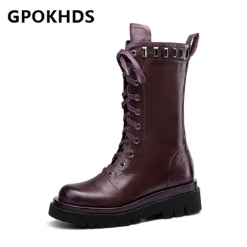 

GPOKHDS 2021 women Mid-Calf boots Sheepskin Winter short plush Round Toe Metal Decoration High heels female Riding boots size 42