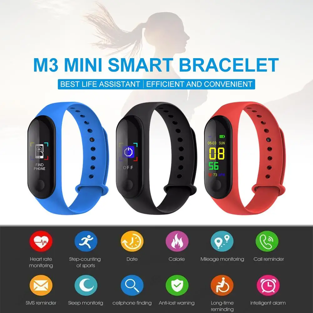 

M3 Color Screen Smart Bracelet Fitness Tracker Step Counter Heart Rate Blood Pressure Sleep Monitoring Information Push Smart Re