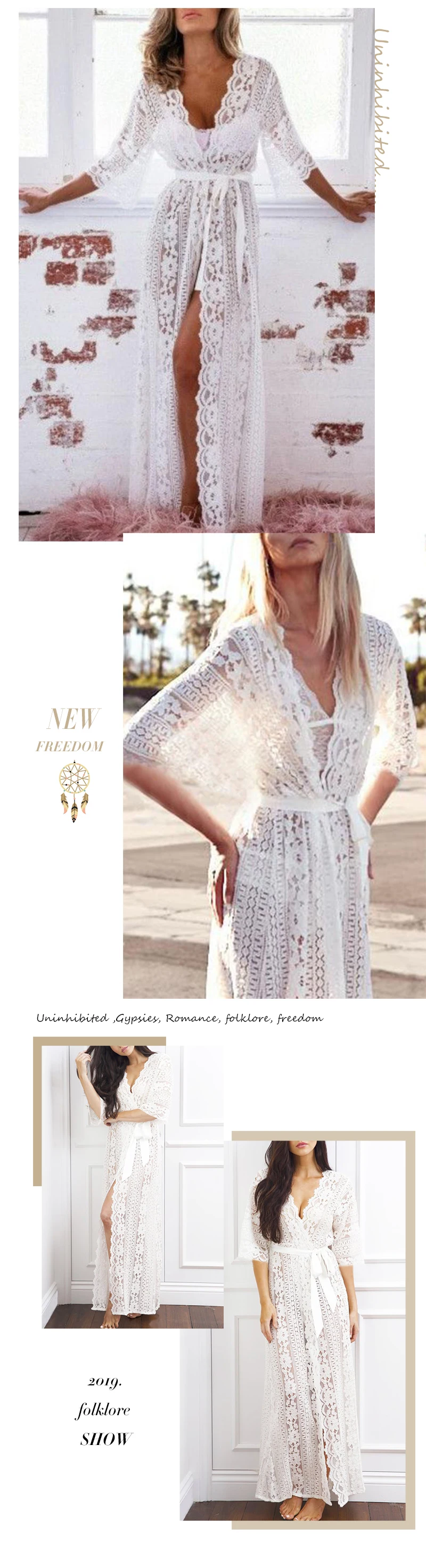Everkaki Boho кружево вышивка макси платья женские прозрачные пояса Твердые белые элегантные женское длинное платье женские Осень новинка